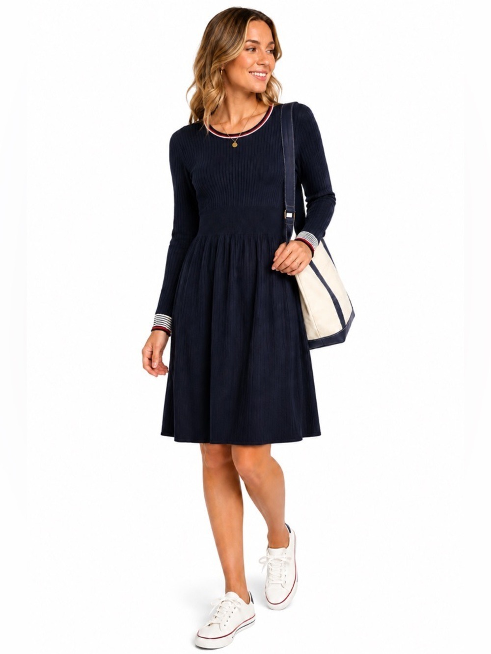 Tommy Hilfiger Blue Knit Dress XL Long Sleeve Winter Cozy Textured Classic